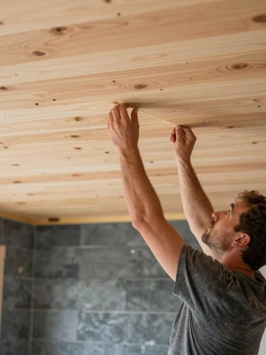 Sharp documentary shot of a master carpenter installing natural cedar ceiling panels, bright natural daylight, clean workspace