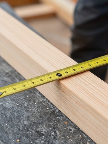 Close-up of a master carpenter measuring a cedar joint, sharp focus on raw wood grain, natural daylight.