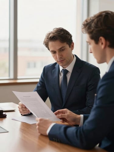 Warm interior photography of a professional office setting, a lawyer and a client reviewing documents together with soft window light, showing a respectful and collaborative atmosphere, 35mm