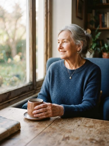 Warm editorial photography, natural window light, an older woman sitting calmly by a wooden table with a warm cup of tea, looking out with a peaceful smile, shallow depth of field, 35mm