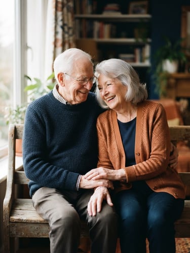 A warm portrait of an elderly couple sitting together on a wooden bench, natural window light, soft copper tones, shallow depth of field, 35mm