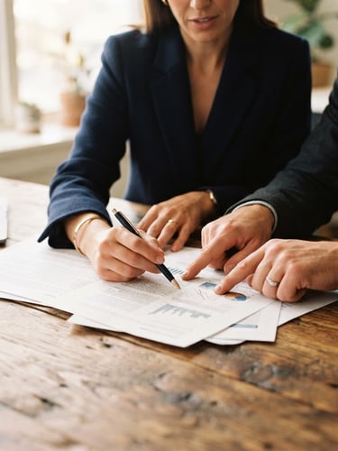 Close-up of two professionals reviewing documents on a wooden table, warm natural window light casting soft shadows, focus on hands and paper, professional and respectful atmosphere, 35mm