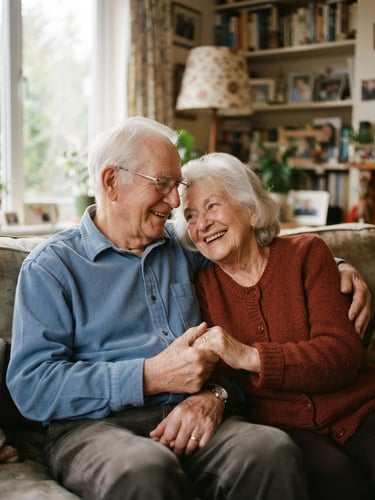 A warm, authentic portrait of an elderly couple smiling with relief in their cozy living room, soft natural window light, shallow depth of field, 35mm photography