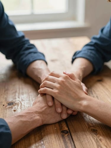 Close-up of two people holding hands across a rustic wooden table, soft morning light, warm tones, conveying trust and support, shallow depth of field