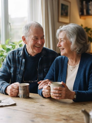 Warm editorial photography of a senior couple sitting together at a wooden dining table bathed in soft morning window light, smiling with relief, holding coffee mugs, shallow depth of field, 35mm