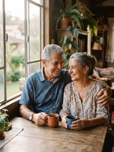 A warm portrait of an older Brazilian couple sitting by a sunlit window, smiling with relief, holding a warm cup of coffee, soft natural light, shallow depth of field, 35mm photography