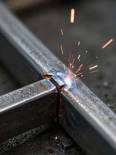 Macro close-up of a flawless TIG weld seam on dark steel, clean joints, metallic texture, warm sparks in the background, professional industrial photography, sharp focus.
