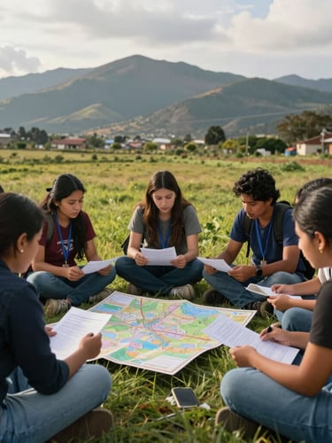 A group of young community leaders sitting in a circle outdoors in a green field, discussing maps and documents, high mountains of Boyacá in the background, warm afternoon light.