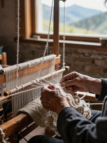 Close-up of elderly hands weaving wool on a traditional wooden loom, natural mountain light streaming from a window, rustic workshop environment.
