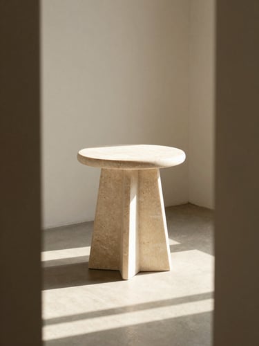 A sculptural travertine side table placed in a sunlit minimalist living room, warm afternoon light casting long soft shadows, architectural framing, 35mm