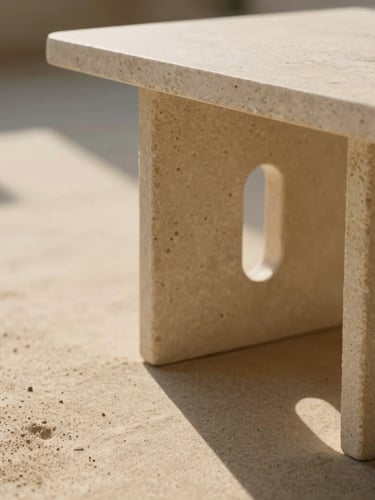 A close-up of a travertine side table casting a long, soft shadow on a warm sand floor, low-angle afternoon sunlight, 35mm photography