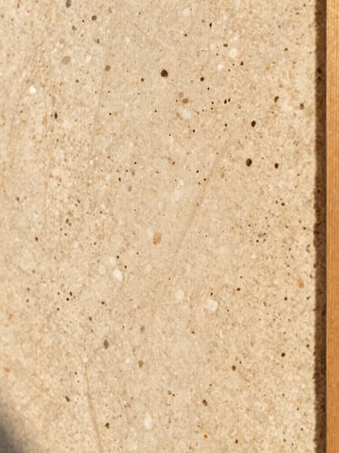 Macro close-up of warm textured travertine stone showing natural pores and organic veins, low-angle afternoon sunlight casting soft shadows, 35mm
