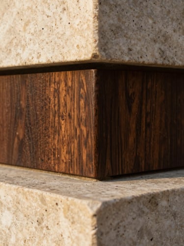 Macro crop of dark wood grain meeting polished travertine stone, warm afternoon sunlight, sharp texture contrast, architectural framing, 35mm