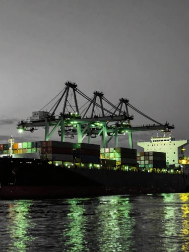 High-contrast industrial shipping terminal at dusk, dark container ships, sharp neon green crane lights reflecting on black water, desaturated tones, portrait framing