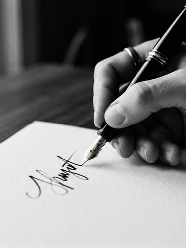 Close-up of a hand holding a fountain pen writing on textured paper, soft diffused daylight, high-contrast black and white, shallow depth of field, 35mm film grain, minimalist editorial photography