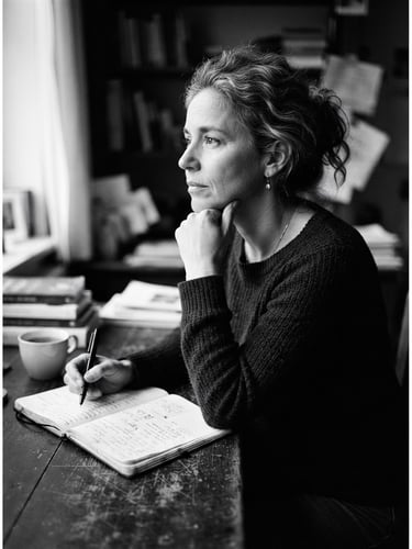 Portrait of Leila Krüger, a thoughtful journalist and writer, in a contemplative setting, soft diffused daylight, high-contrast black and white, shallow depth of field, 35mm film grain, sitting at a wooden desk with an open notebook and ink pen, looking slightly off-camera.