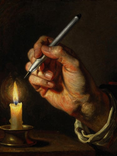 A dramatic chiaroscuro portrait of an artist's hand holding a stylus, illuminated by a single candle, deep rich shadows, gold and crimson highlights, fine art texture