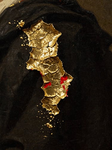 Macro shot of thick oil paint textures with gold leaf cracking under a warm, raking side light, deep near-black shadows, fine art canvas texture