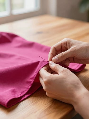 Close-up of artisan hands carefully stitching a colorful magenta fabric garment on a wooden table, warm natural daylight filtering through a window, shallow depth of field