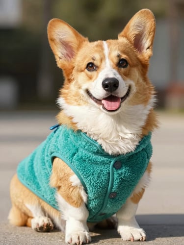 A happy corgi sitting comfortably wearing a vibrant custom-tailored teal fleece vest, warm natural daylight, eye-level portrait