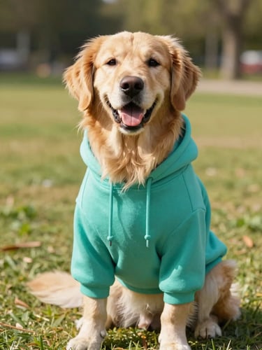 A happy golden retriever wearing a vibrant teal custom-tailored hoodie, sitting comfortably in a bright sunlit park, warm editorial photography, 35mm lens