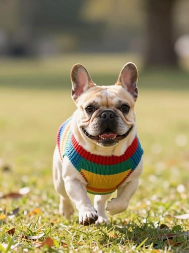 Eye-level warm editorial photo of a happy French Bulldog wearing a colorful original design knit sweater, running in a sunlit park, shallow depth of field, 35mm lens