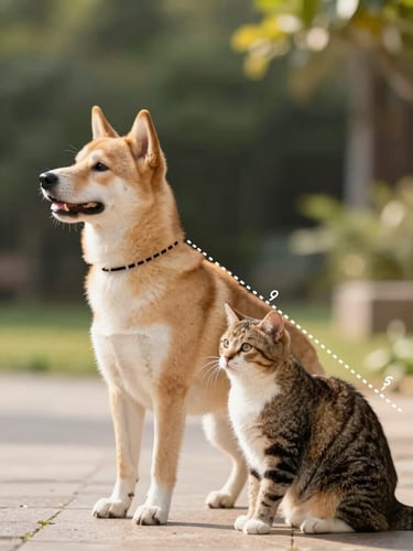 A clear, clean graphic diagram showing a side-view of a dog and a cat with dotted lines indicating where to measure neck, chest, and back length, warm natural daylight background