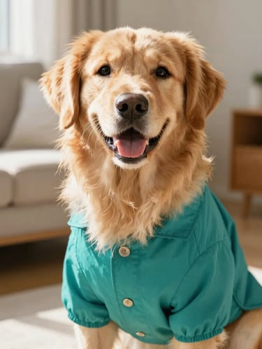 Eye-level warm editorial portrait of a happy golden retriever wearing a tailored teal jacket, sitting comfortably in a sunlit home, shallow depth of field, 35mm lens