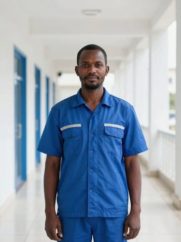 A professional Somali maintenance worker in a clean uniform, standing proudly in a brightly lit, modern commercial corridor in Baidoa, daylight, corporate blue tones, 35mm lens