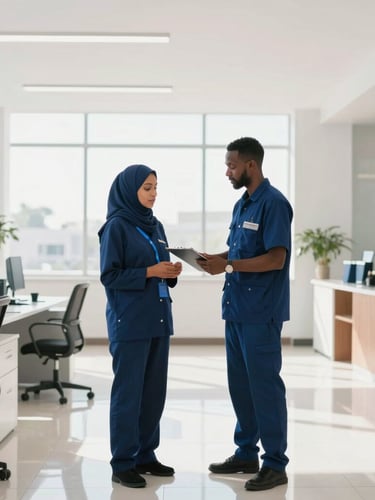 A professional Somali facility manager in a clean, dark blue uniform inspecting a bright, sunlit modern office lobby in Baidoa, daylight streaming through large windows, highly structured and organized environment, 35mm lens.