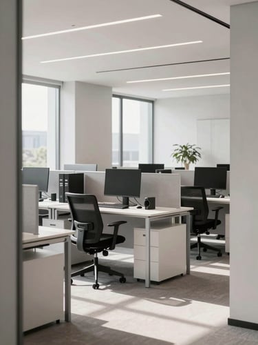 Bright natural office daylight illuminating a modern, well-organized workspace with clean lines, minimalist furniture, and professional IT equipment, architectural framing, 35mm lens.