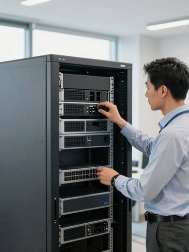 A professional technical consultant in a clean office environment configuring an IT server rack, natural bright daylight, sharp focus, 35mm lens.