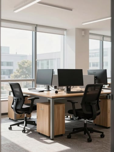 Bright modern office workspace, clean wooden desks, ergonomic chairs, dual monitor setup, soft natural light from large windows, professional architectural framing, 35mm lens