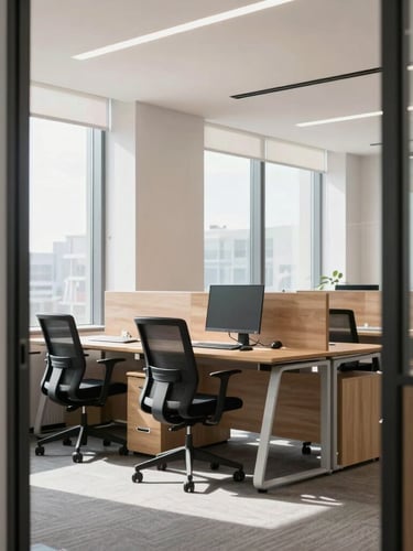 Bright modern office interior with ergonomic chairs and wooden desks, natural light pouring in from large windows, professional architectural framing