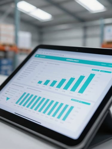 Close-up of a tablet displaying clean compliance data charts inside a modern well-lit industrial warehouse, cool daylight with digital cyan highlights