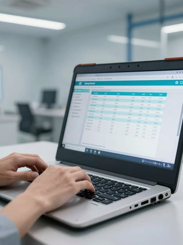 Close-up of hands typing compliance data on a rugged laptop screen inside a modern, clean industrial facility, cool morning daylight, professional editorial style.
