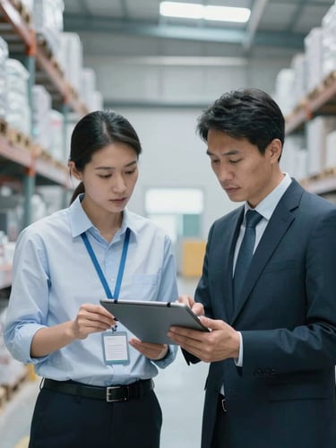 Professional editorial portrait of a technical consultant reviewing industrial compliance data on a tablet inside a modern, clean, organized warehouse, cool daylight with digital cyan highlights, 35mm