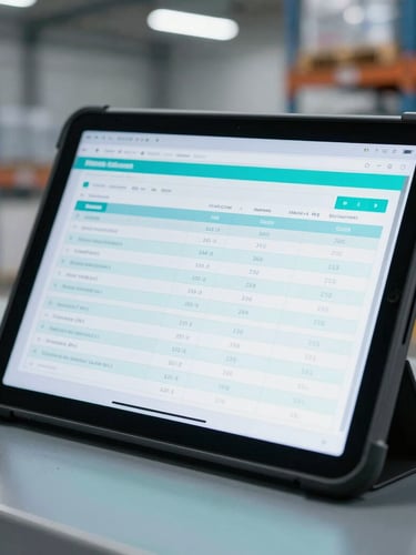 Close-up of a rugged industrial tablet displaying clean compliance data streams in a modern warehouse, cool daylight with subtle cyan glow, 35mm