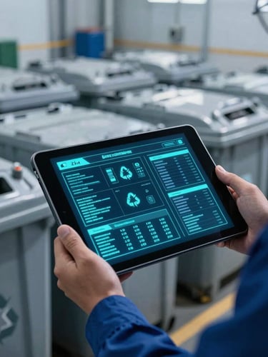 Industrial tablet displaying digital compliance data with glowing cyan interfaces, held by a worker in front of clean, organized recycling containers in cool morning light, 35mm professional editorial photography.