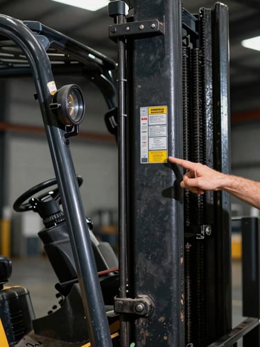 Close-up of an instructor pointing out safety details on a forklift mast, warehouse background with high-contrast overhead lighting, sharp shadows, 35mm lens.