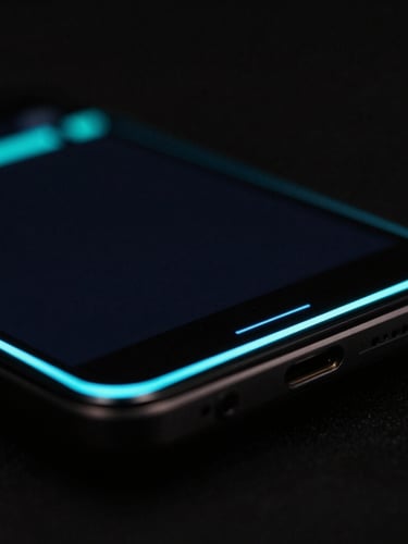 Macro photography of a physical Android device screen showing glowing cyan sub-pixel edge trigger zones, low-key lighting, dark background