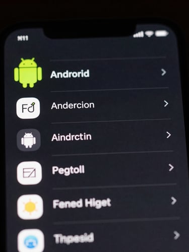 Extreme close-up macro shot of a physical Android smartphone displaying a clean, text-only monochrome launcher list, sharp typography on a deep charcoal screen, moody low-key studio lighting
