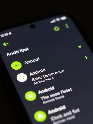 Extreme close-up macro shot of a physical Android screen displaying a clean, dark-mode text-only notification digest, sharp neon green accents, low-key studio lighting
