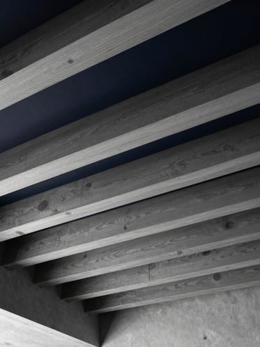 Low angle shot of a clean, modern timber ceiling structure with perfectly aligned wooden slats, high-contrast architectural lighting, deep shadows, premium finish
