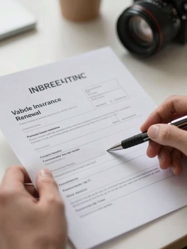 Close-up of hands holding a vehicle insurance renewal notice letter on a desk, natural north-facing indoor light, pen resting on the document, plate number partially visible at the top edge, shallow depth of field