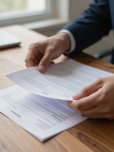 Close-up of hands sorting and filing insurance policy documents on a wooden desk, a renewal letter visible with handwritten notes in the margin, natural north-facing window light, shallow depth of field on the papers