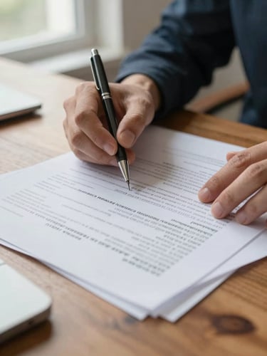 Close-up of hands reviewing a printed insurance renewal letter on a wooden desk, a pen marking key figures, natural north-facing window light, papers slightly overlapping