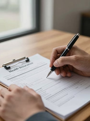 Close-up of hands marking up a health insurance claim document on a wooden desk, a pen held in the right hand mid-annotation, natural overcast window light from the left, selective focus on the paperwork