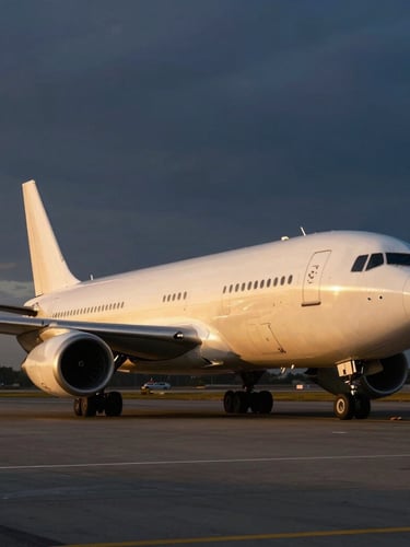 A pristine cargo aircraft parked on a runway at twilight, dramatic low-angle golden hour sunlight reflecting off the fuselage, deep navy and gold tones, wide-angle cinematic editorial photography
