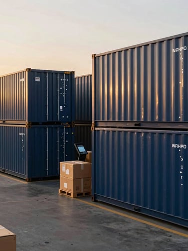 A clean, modern logistics warehouse with organized cargo containers and a high-end electronic package being carefully inspected under soft golden hour light.